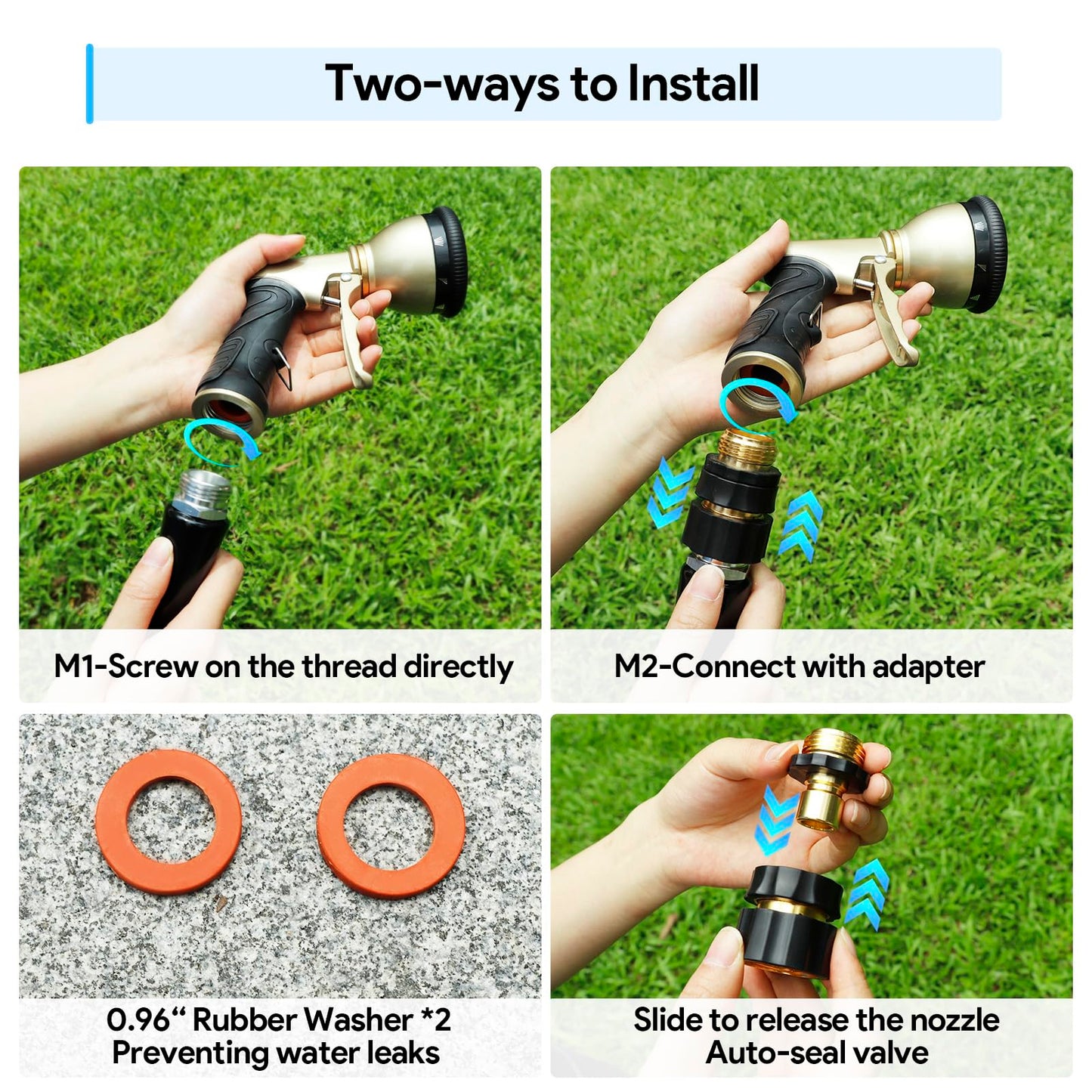 Qxiaozhan Heavy Duty Hose Nozzle, 9-IN-1 Spray Patterns, Spray Nozzles for Garden Hose with Metal Trigger & Lock Bar, 3/4" Thread & Connection Adapter, Suit for Watering Plants, Lawn, Car, Outdoor Pet