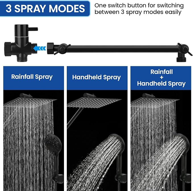 Tudoccy Shower Head, 8‘’ High Pressure Rainfall Shower Head/Handheld Shower Combo with 11'' Extension Arm, 9 Settings Anti-leak Shower Head with Holder, Height/Angle Adjustable, Matte Black