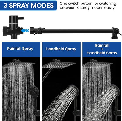 Tudoccy Shower Head, 8‘’ High Pressure Rainfall Shower Head/Handheld Shower Combo with 11'' Extension Arm, 9 Settings Anti-leak Shower Head with Holder, Height/Angle Adjustable, Matte Black