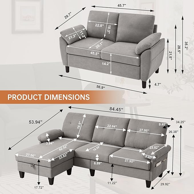 84" Convertible Sectional Sofa Set, 3 Seat L Shaped Couch