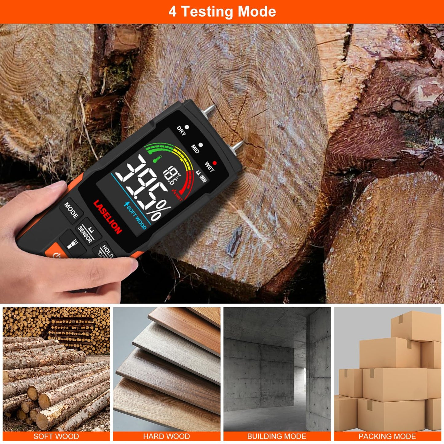 LASELION 2-in-1 Pin & Pinless Moisture Meter MS03 – Accurate Moisture Detection for Wood, Concrete, Drywall, and More – LCD Display with Hold Function, Flashlight, and Auto Power Off
