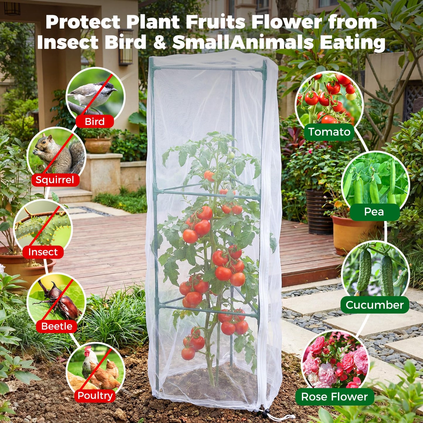 3Pcs Garden Bird Netting Plant Cover for Tomato Cage, 55" x 17.7" Insect Bird Barrier Tomato Cage Net with 20 Clips, Tomato Trellis Plant Netting Cover for Square Tomatoes Cages Plants Protection
