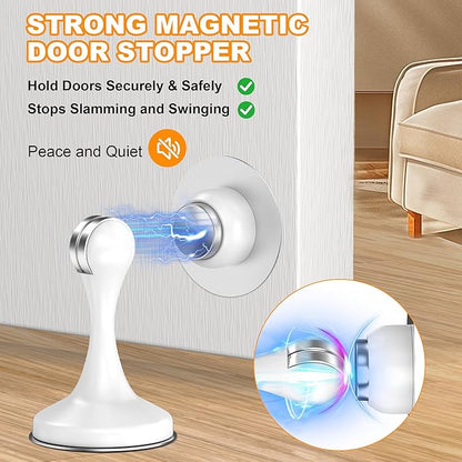 Crosize Magnetic Door Stoppers 1 Pack, Stainless Steel Door Stops for Wall and Floor Mounting, Door Holder Keep Door Open, No Drilling Door Stop with Adhesive Tapes, White