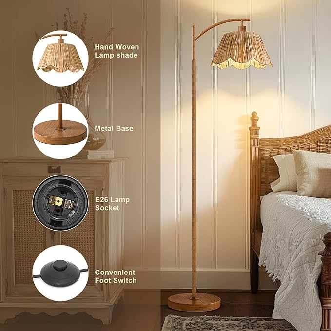 Oneach Rattan Floor Lamp for Bedroom, Boho Floor Lamp