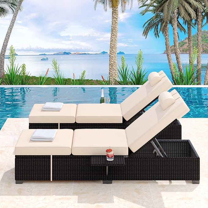 PeakPursuit Patio Lounge Chairs, Outdoor PE Wicker Chaise Lounge Set of 2