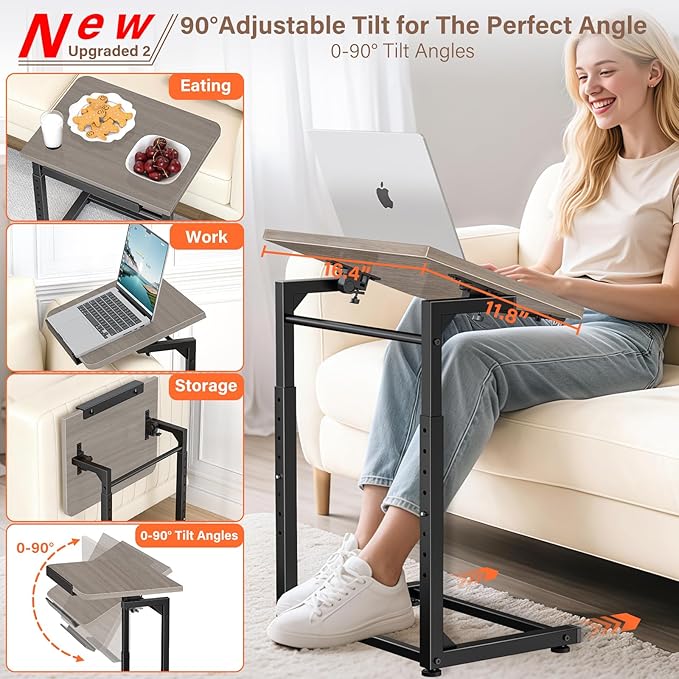 Tv Tray Table, 8-Level Adjustable Height Couch Side Table，90° Tilt Angle