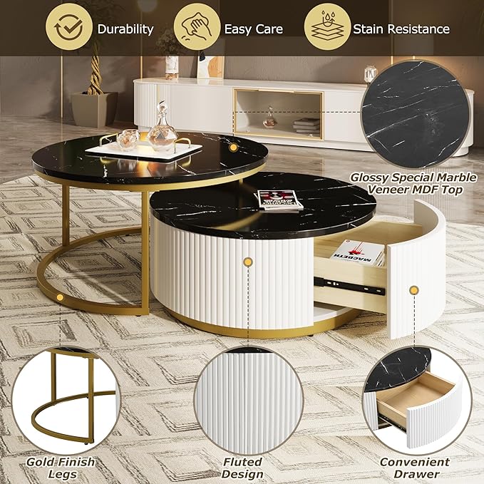 Modern Round Nesting Coffee Table Fluted