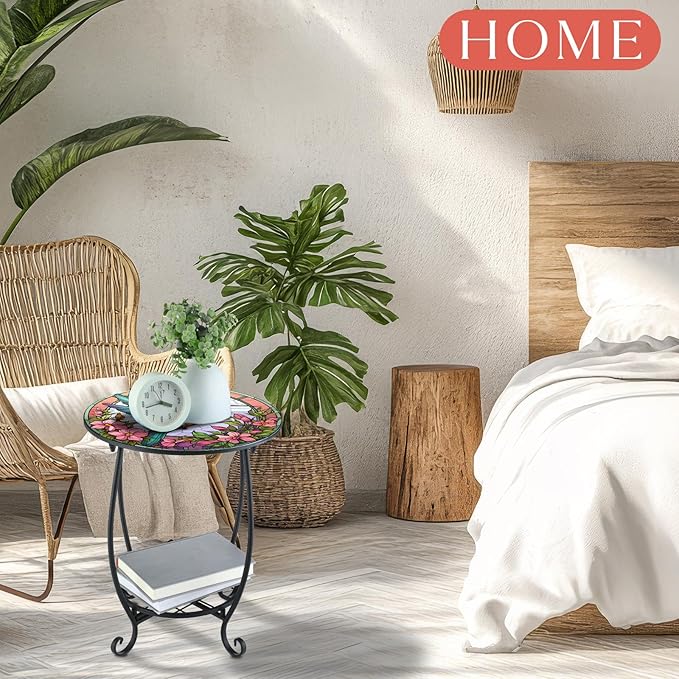 Cinnvoice Outdoor Side Table Round Small Mosaic Patio Accent Indoor End Plant