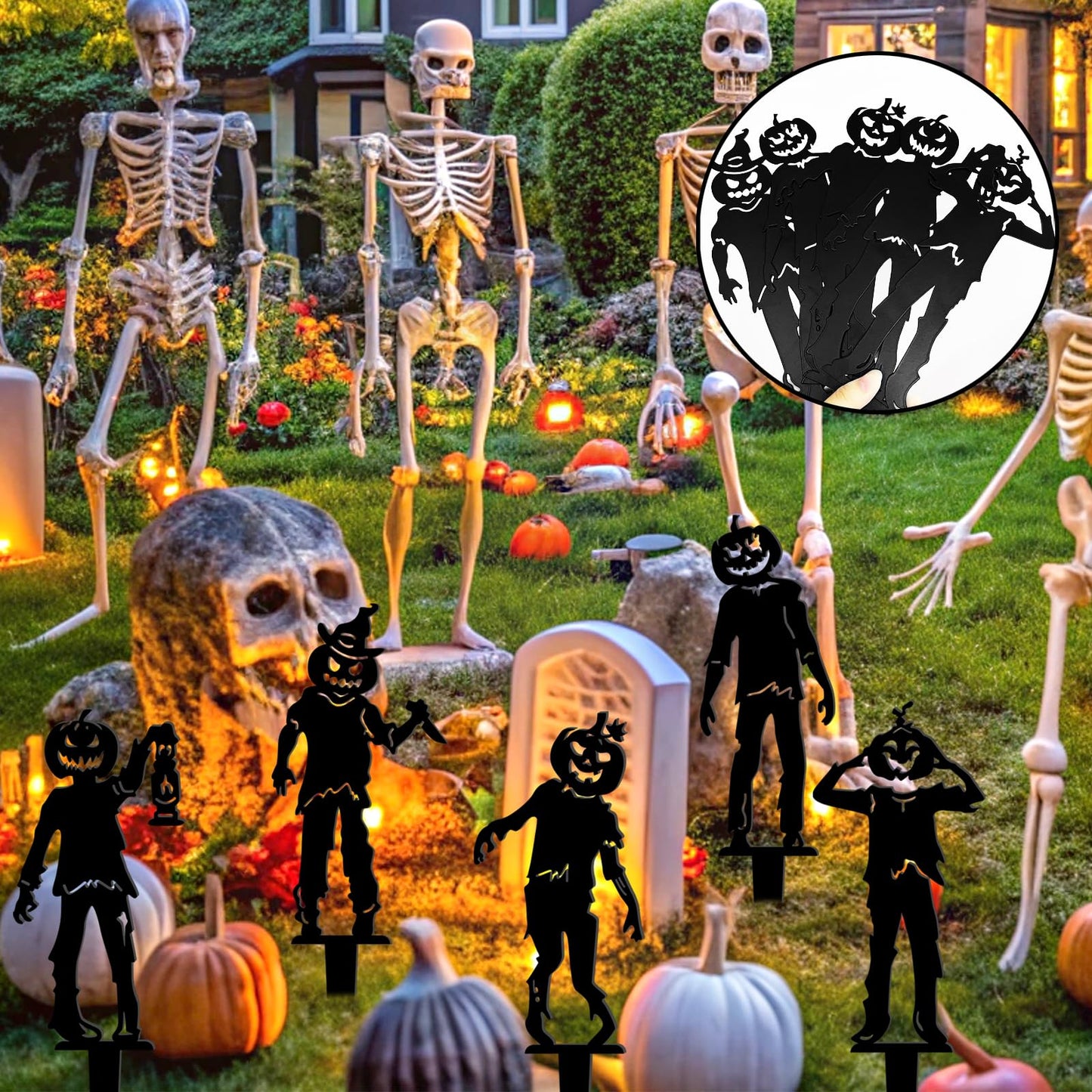 5 Pcs Metal Halloween Yard Signs Halloween Outdoor Decorations Black Metal Art Halloweens Yard Stakes Reusable Skeleton Lawn Sign for Zombie Holiday Party Supply Pumpkin Decor for Garden Prop