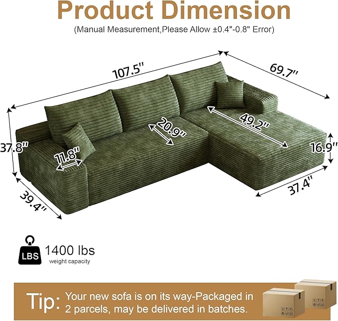 108" Sectional Couches for Living Room Cloud Couch Sofa