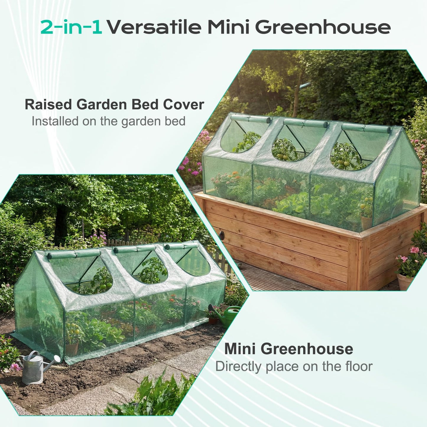 BPS 9x3x3 ft Mini Greenhouse with Green PE Cover UV-Protected Roll-Up Zipper Doors, Ideal for Indoor or Outdoor Use on Raised Garden Beds