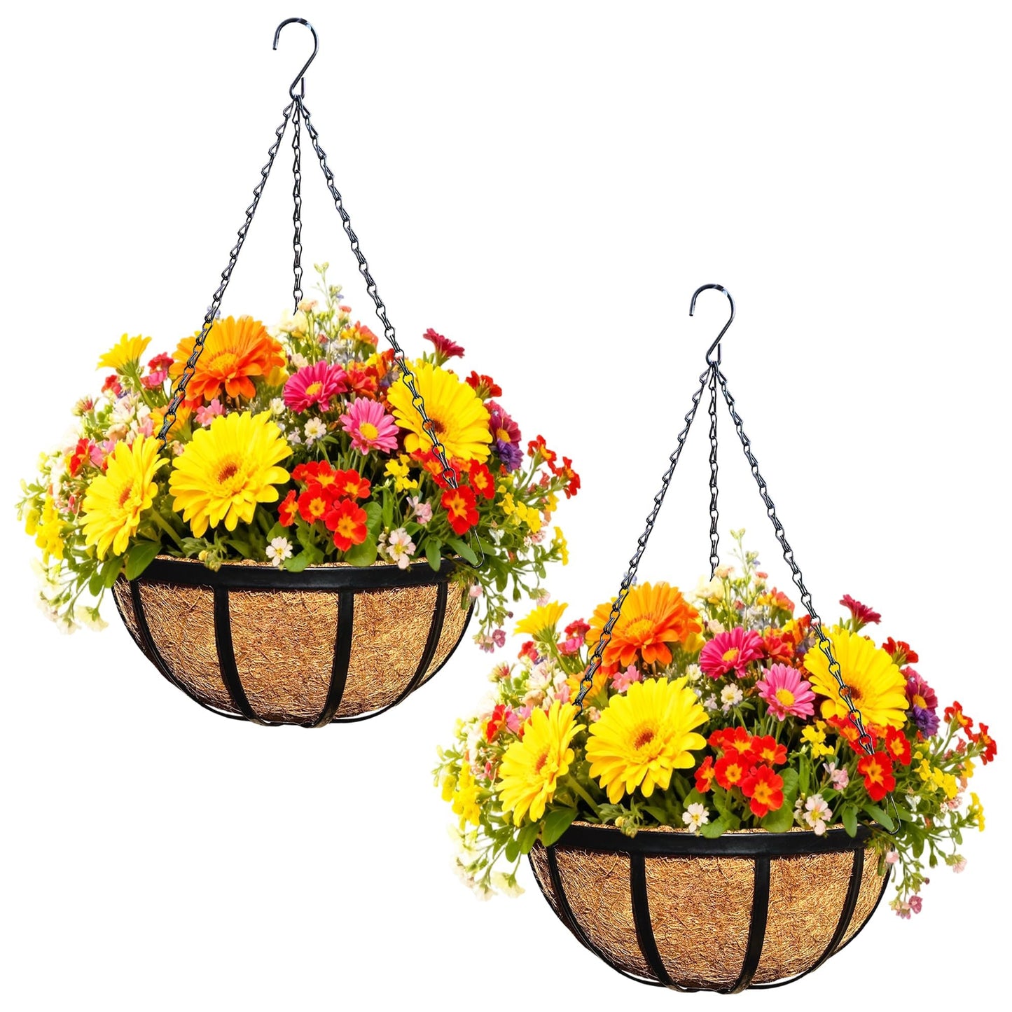 Qusuxi 2 Pack 12 Inch Metal Outdoor Hanging Baskets Black Heavy Duty Hanging Planters with Coco Liners for Indoor Outdoor Plants Gardens Patios Terraces（Flat Iron）