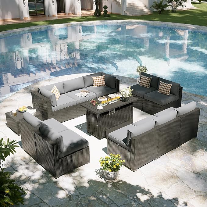 Aoxun Patio Furniture Set with Fire Pit Table, 12 Piece Outdoor Sectional Sofas