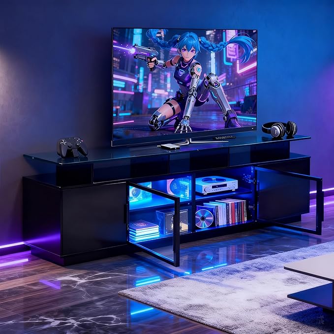 70 Inch Black TV Stand for Living Room, LED Entertainment Center for Gaming