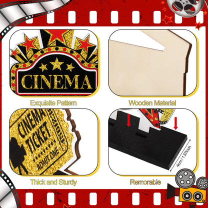 Blosssound 9 Pcs Movie Night Party Decorations Movie Theme Wooden Table Centerpieces Theater Now Showing Table Sign Cinema Popcorn Star Tabletop Decor for Home Film Birthday Party Supplies