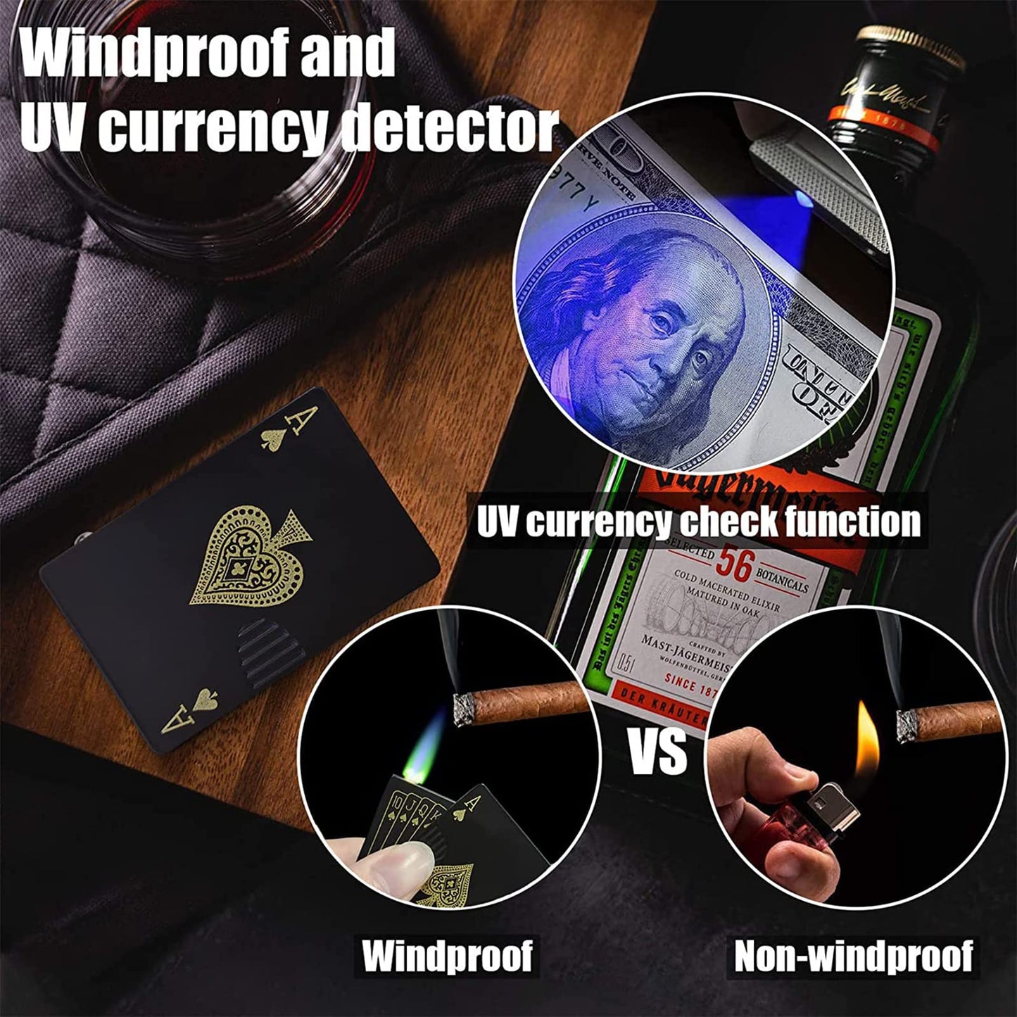 Klasyt Jet Torch Lighter, Green Flame Ace Card Refillable Butane Metal Windproof Poker of Spades Cool Lighter Design, Outdoor, Indoor, Camping, BBQ, Candle, Birthday, Gift for Men