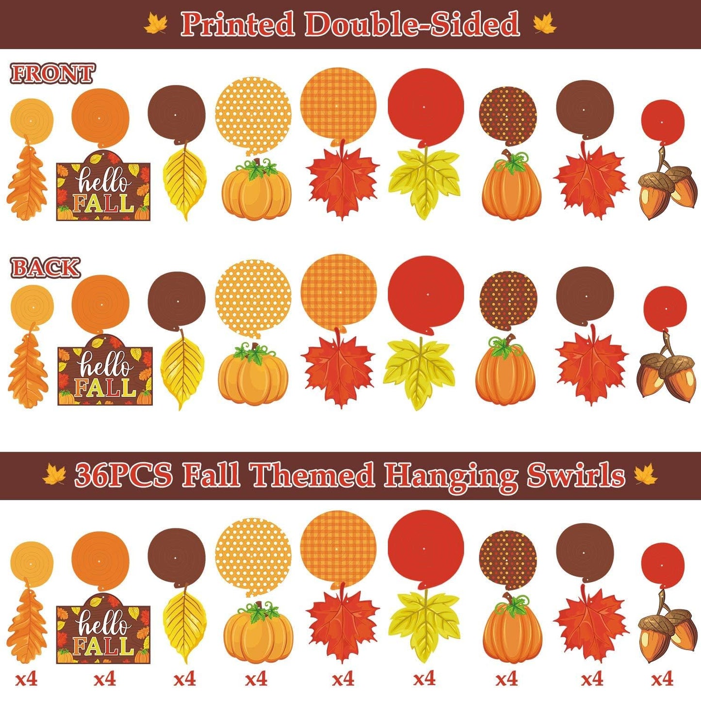 36CT Autumn Hello Fall Party Hanging DecorationsFoil Swirls Pumpkins Maple Leaves Acorns Harvest Thanksgiving Photo Props Ideas Ceiling Door Whirls Streamers Supplies