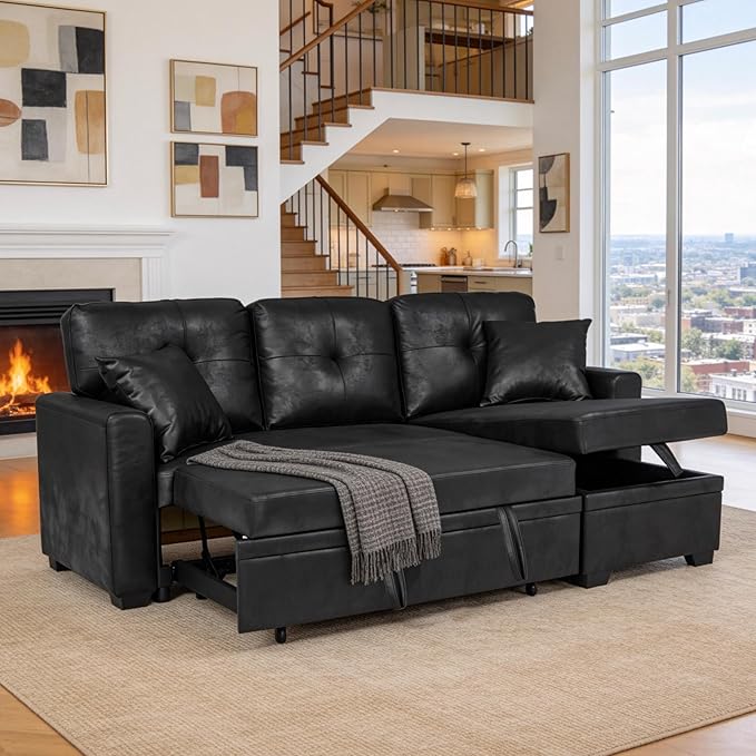 Eafurn Faux Leather Tufted Convertible Sleeper Sectional Sofa Bed, 3 Seater L