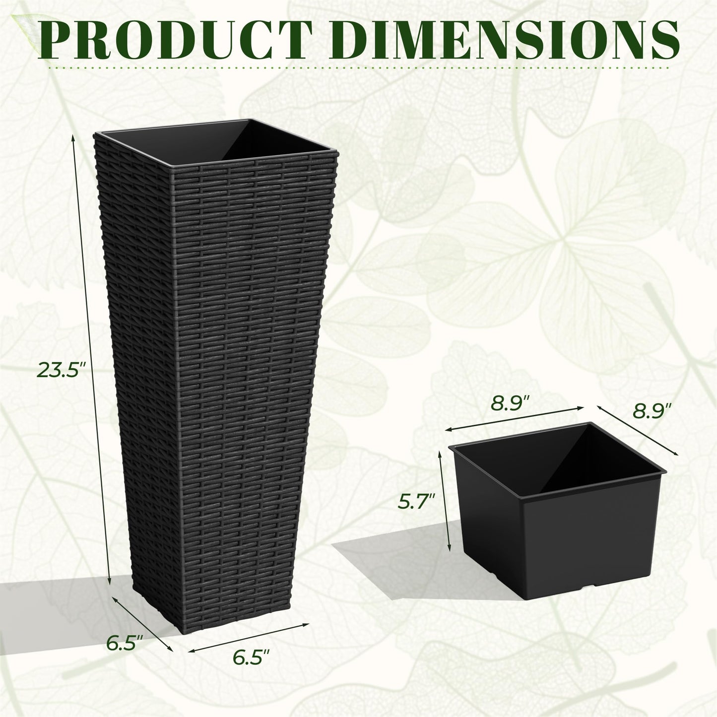 JUMMICO Set of 2 Resin Rattan Tall Planters for Outdoor Plants, Large Tapered Planters with Drainage Holes&Inner Trays, Flower Pots for Garden, Patio, Porch, Backyard (Black, 24'')