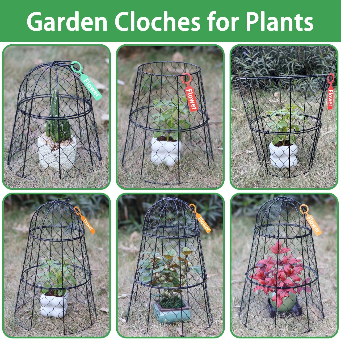 6 PCS 17.7"H X 11.42"D Garden Cloches,Chicken Wire Plant Covers Protectors Modular Design for Customizable Protection,Rust-Proof Heavy Duty Metal Plant Cage for Seedlings Flowers Protect from Animals
