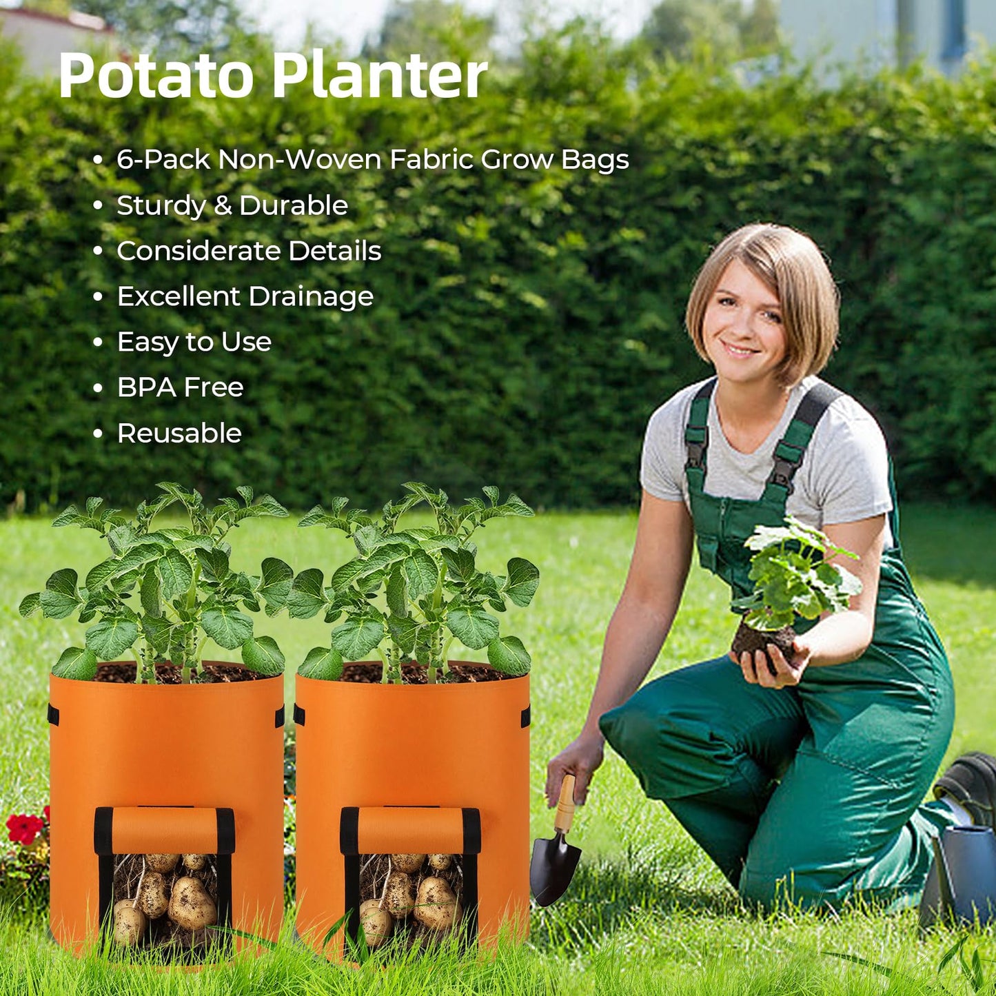 6 Pack Potato Grow Bags, 10 Gallon Planting Bags Large Fabric Pots with Flap Window Vegetable Planter Garden Pot Tall Potato Growing Containers with Handles for Vegetables, Fruits and More, Orange