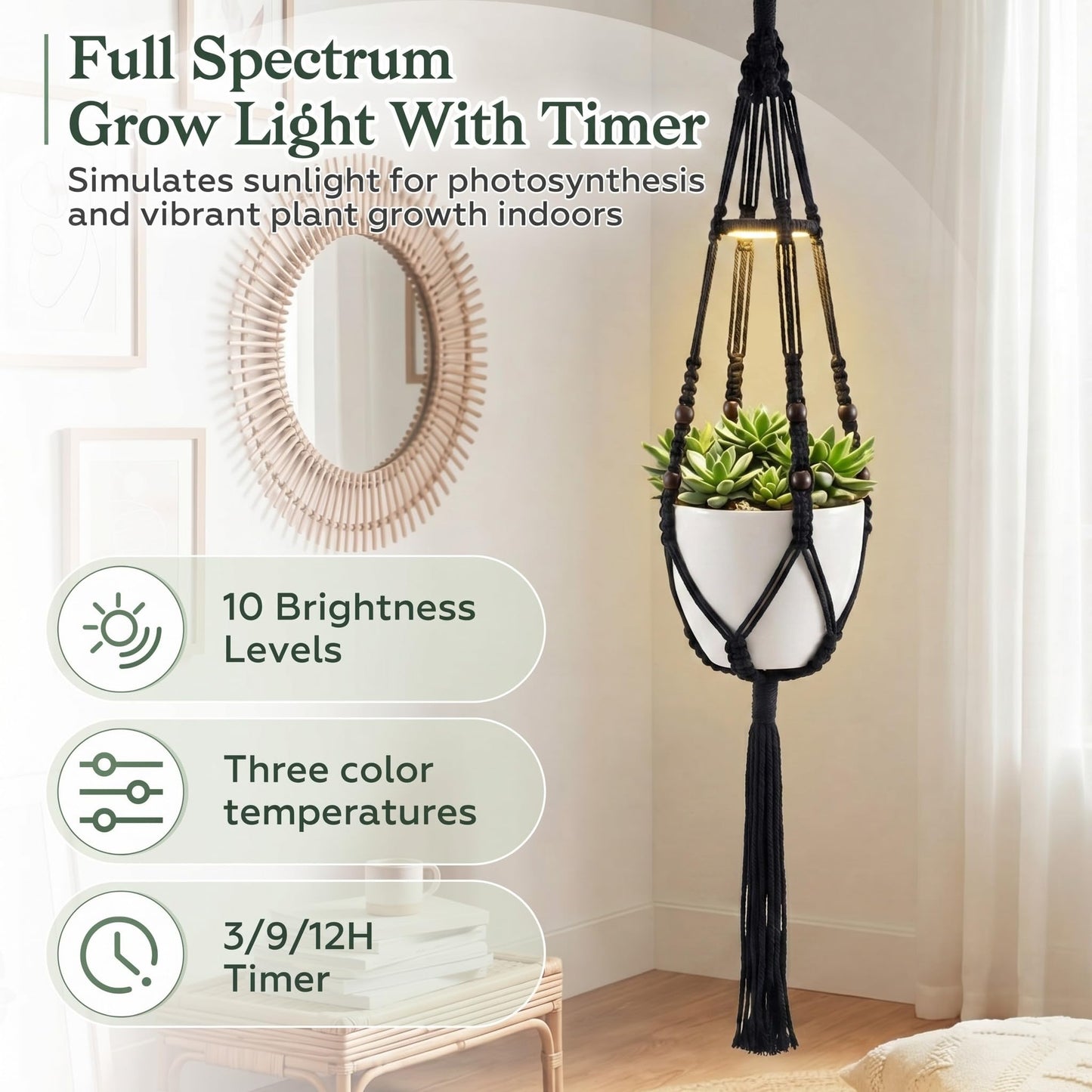 Huquary 3 Pack Macrame Plant Hanger with Grow Light Hanging Boho Planter Basket Flower Holder and Hanging Remote Grow Lights for Indoor Plants Suitable for Different Size Pots(Black)