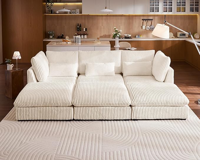 115" Oversized Corduroy Couch Modular Sectional Sofa, Washable Cloud Couch