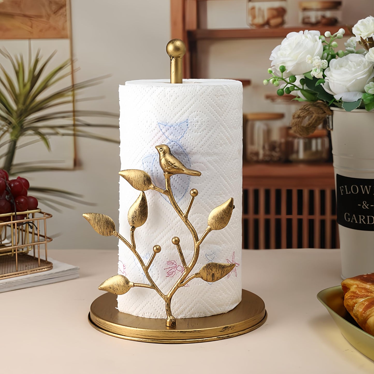 Rose Gold Paper Towel Holder Luxury Metal Kitchen Counter Decor Artistic Design Standing Tissue Dispenser for Table Dining Living Room Bar café 7x11 Inch (Gold Bird)