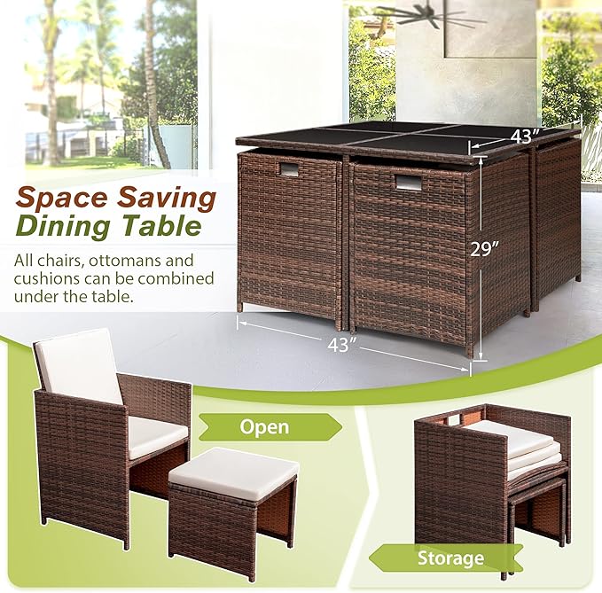 Devoko 9 Pieces Patio Dining Sets Outdoor Space Saving Rattan Chairs