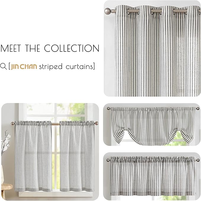 JINCHAN Tie Top Linen Kitchen Curtains 36 Inch Striped Tier Curtains Farmhouse Modern Cafe Style Small Window Treatments Airy Light Filtering Rod Pocket for Living Room Bathroom 2 Panels Charcoal Grey