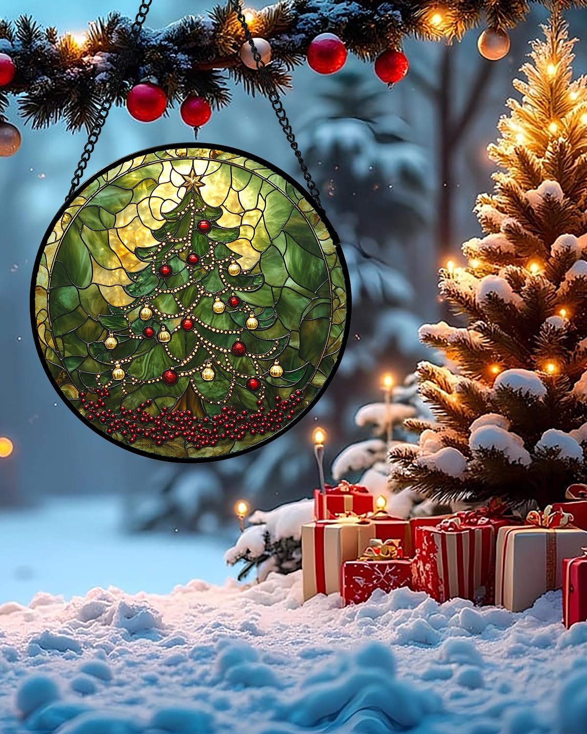 Stained Glass Window Hanging - Retro Green Christmas Tree Suncatcher for Doors Home Christmas Decoration Sun Catcher Thanksgiving New Year Birthday Gifts for Women Men Mom Nana 6.3 in