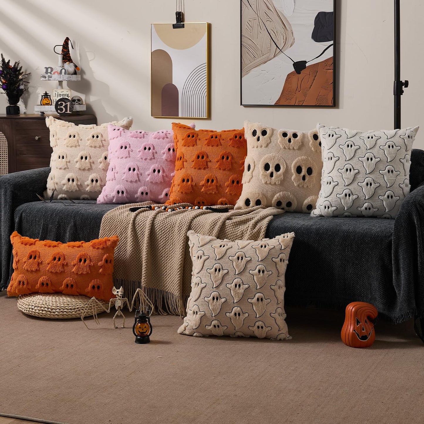 DFXSZ Halloween Pillow Covers 18x18 inch Set of 2 Beige Skeletont Halloween Decorations Soft Plush Faux Fur Wool Couch Cushion Case for Chair Sofa Bedroom Living Room Home Decor PTK04C18