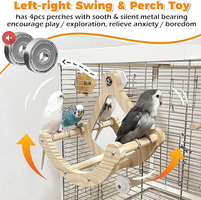 Bird Perch Toy with Mirror for Cage, Interactive Rocking Parakeet Toys and Perches, Wood Exercise Wheel Cockatiel Toys, Birds Enrichment Toy for Parrot, Bird Cage Accessories Perch for Budgies Conure