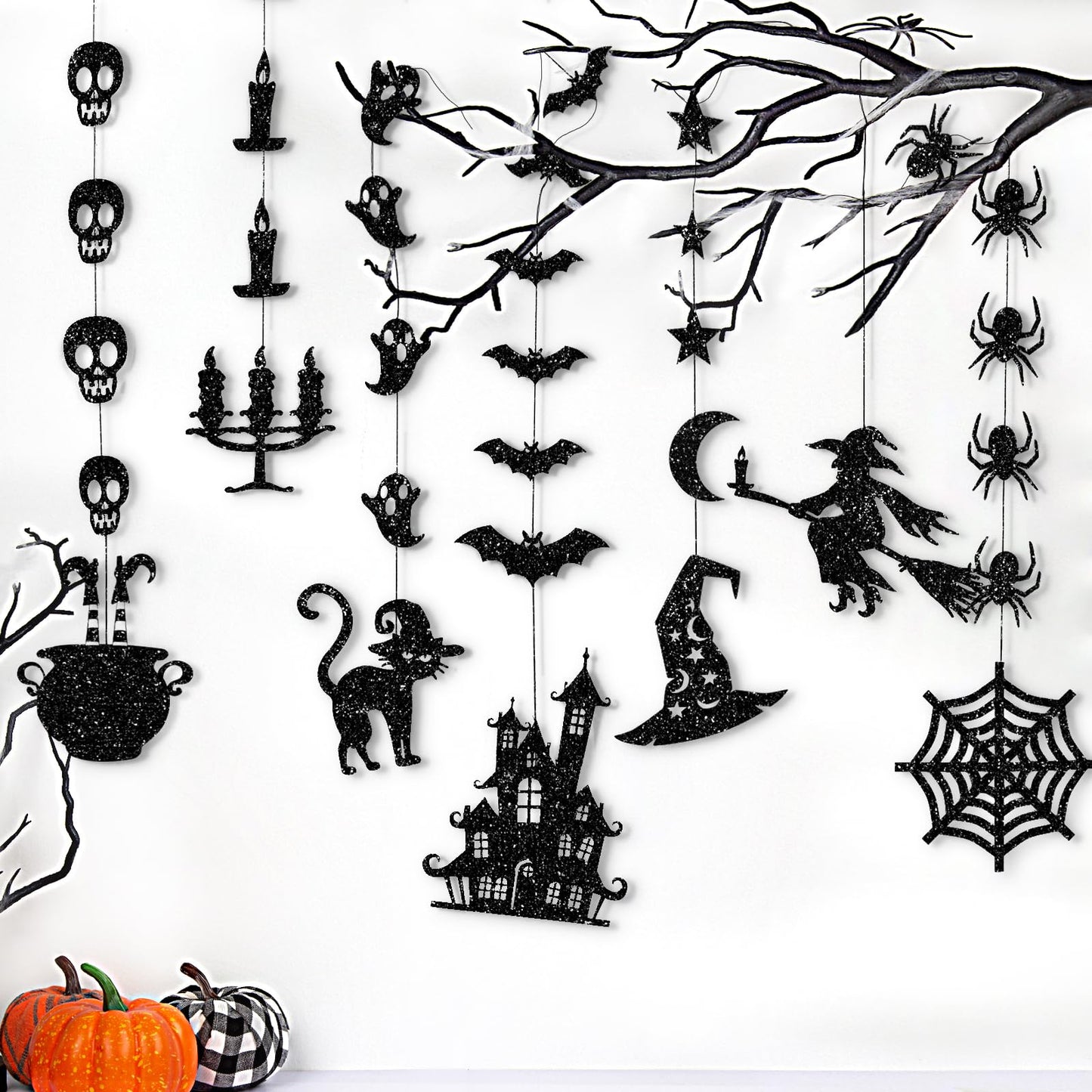 Glitter Black Halloween Hanging Banner Garland Decorations - Ghosts, Witches, Bats, Spiders, Haunted House, Cat and More - Indoor/Outdoor Party Supplies for Gothic Birthday, Home, Office, Classroom