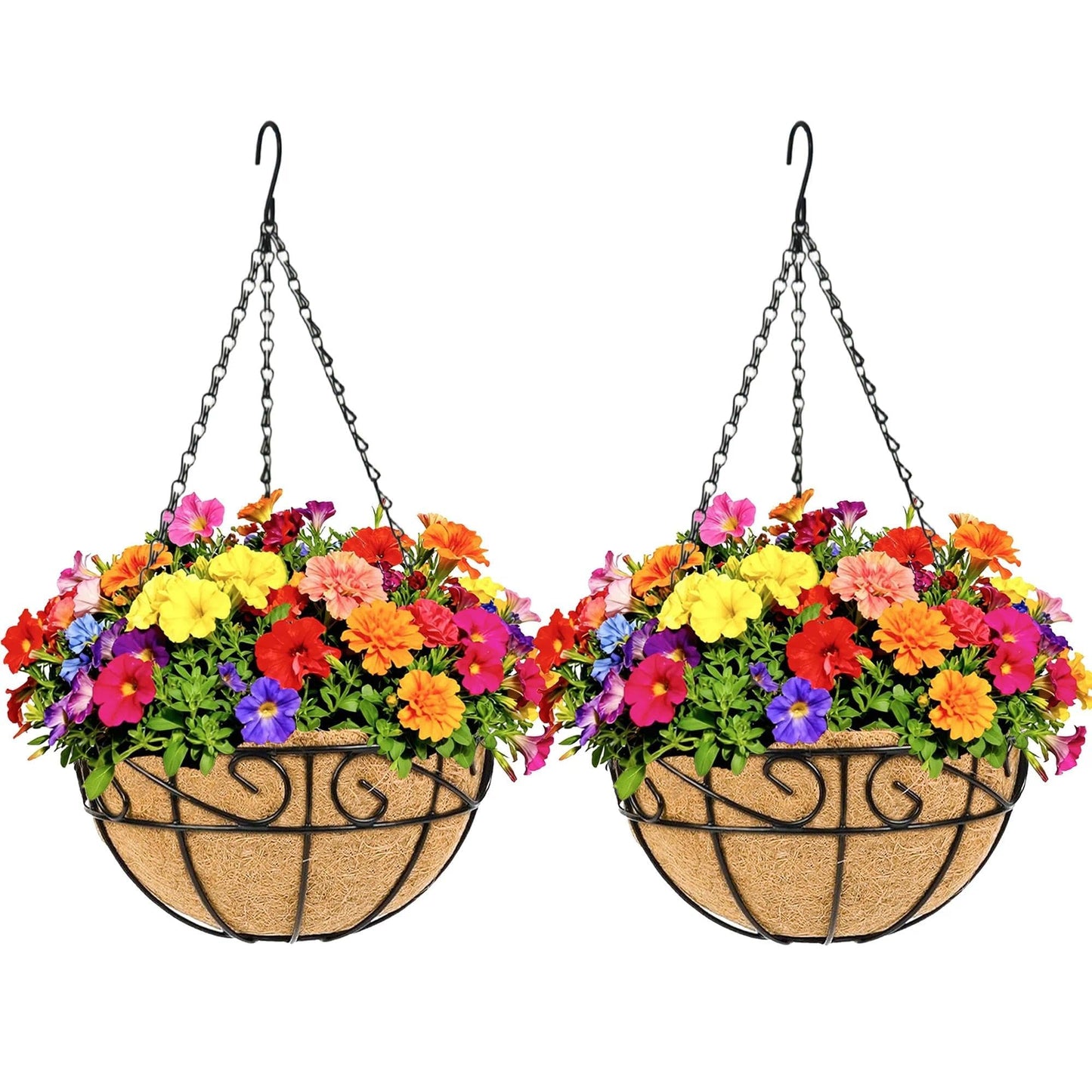 KIDYBELL Metal Hanging Planters Basket Set of 2 Outdoor with Coco Fiber Liners Chain Hanging Basket Suitable for Vegetables Flower Heavy Duty Round Plant Holder Garden Balcony Patio Deck Porch Decor