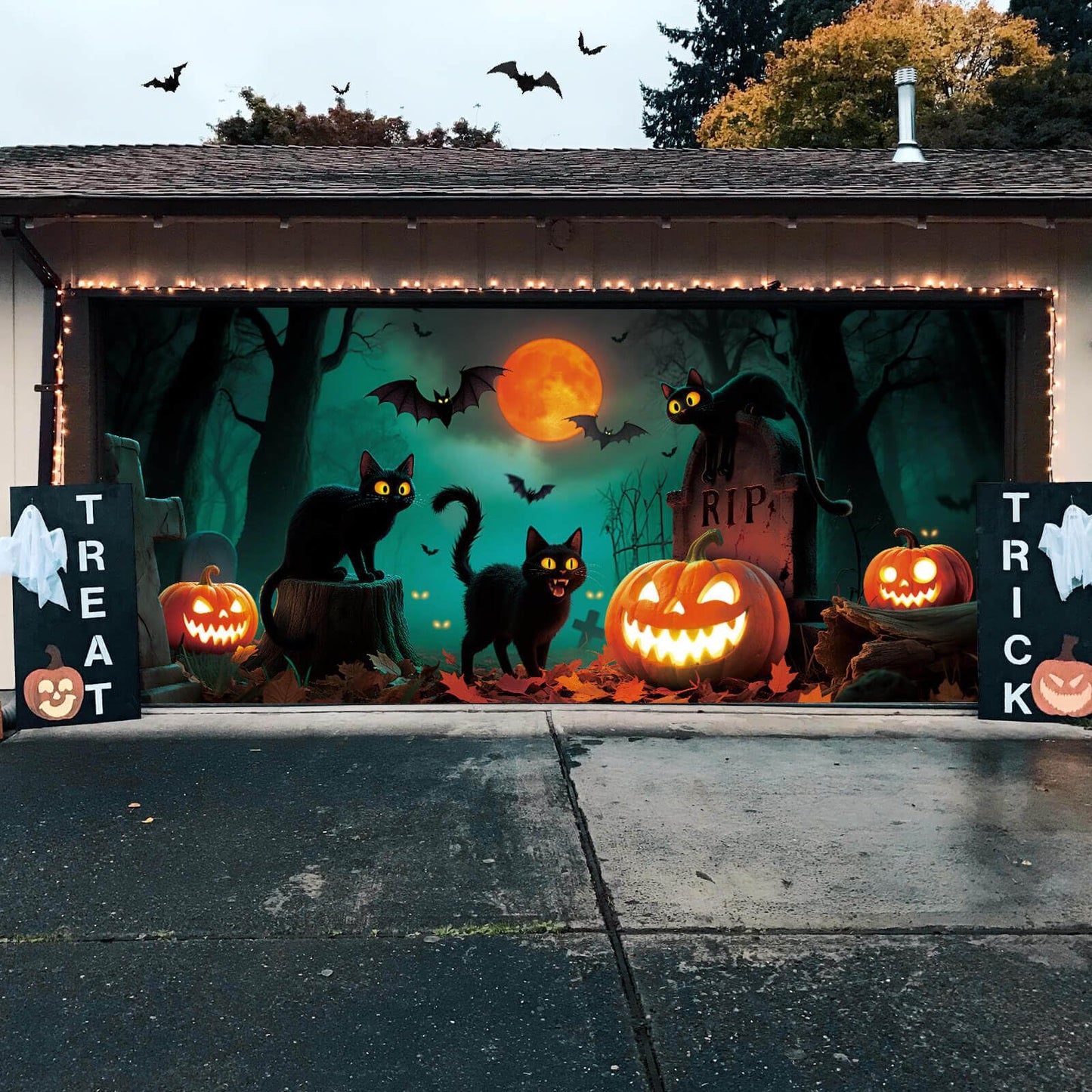 YUSPENYE Halloween Garage Door Decorations with Black Cats Design, Durable Halloween Garage Door Banner for Double Garage Doors 7x16 ft, Outdoor Party Backdrop