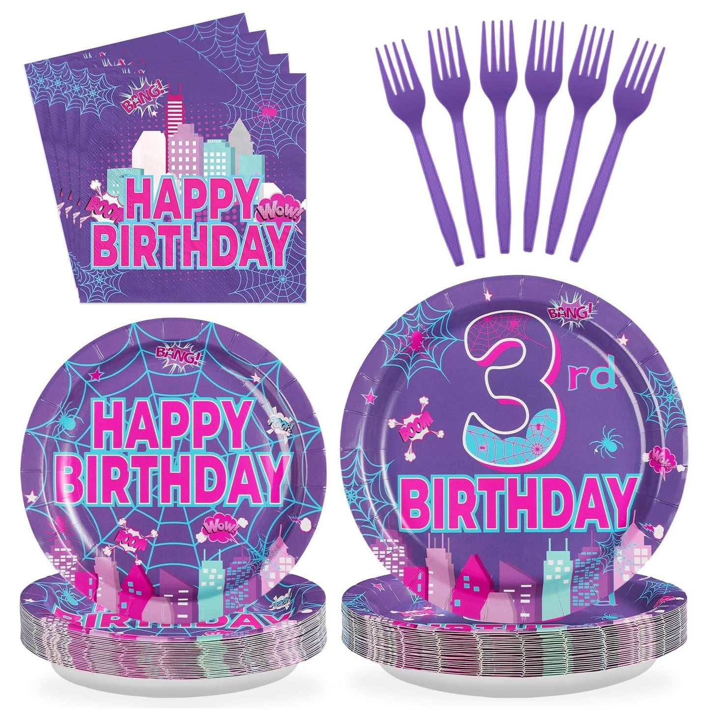Greencian Purple Spider 3rd Birthday Party Decorations Purple Spider Themed Plates and Napkins Cartoon 3rd Decorations for 3 Years Old Boys Girls Kids Birthday Party Supplies