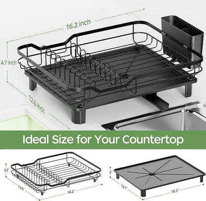 ROTTOGOON Dish Drying Rack, Stainless Steel Rustproof Dish Rack for Kitchen Counter, Sturdy Dish Drainer with Drainboard, Drainage, Utensil Holder for Various Kitchenware, 16.2"(L) x 12.6"(W), Black