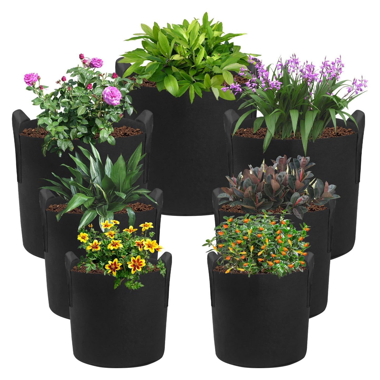 LITLANDSTAR 7 Pack Black Grow Bags, Thickened Nonwoven Plant Fabric Pots with 4 Sizes - 5/7/10/15 Gallon Aeration Planting Bags for Potato Tomato Carrot Strawberry