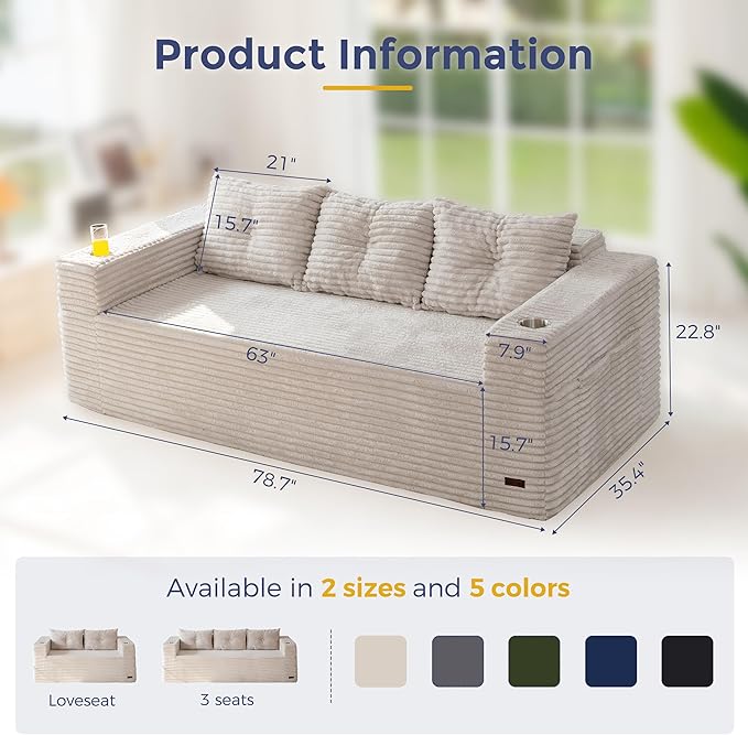 MAXYOYO 79" Oversized Boneless Loveseat Sofa Couch