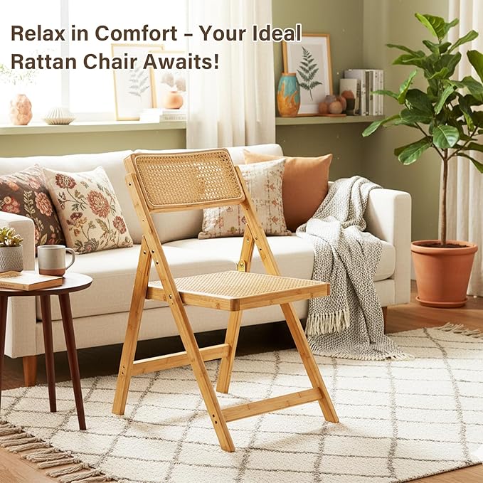 Furlide Rattan Folding Chair, Modern Mid Century Dining Chair Set of 1