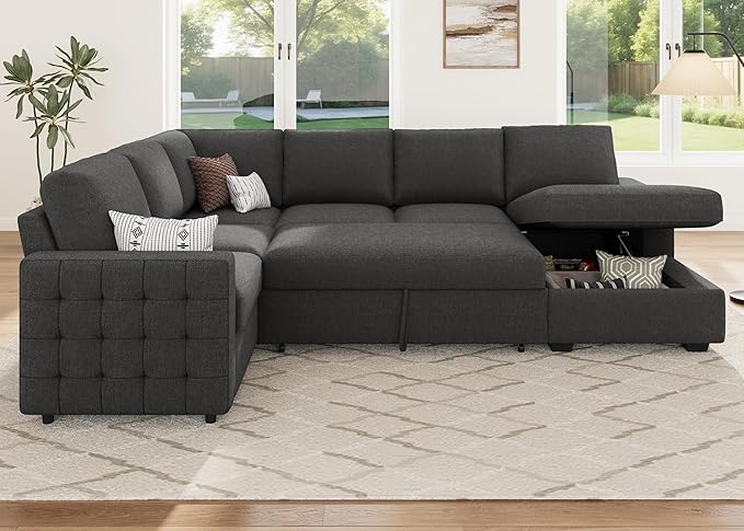 HONBAY Sectional Couch with Pull Out Bed, U-Shaped Sectional Sleeper Sofa with