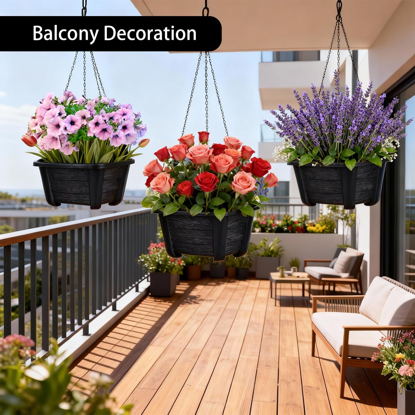 summer flower 3 Pack Hanging Planters for Railing, 9.84 Inch Plastic Window Box with Drain Hole Plug, Indoor Outdoor Flower Pots for Balcony Fence Garden Decor (Black)