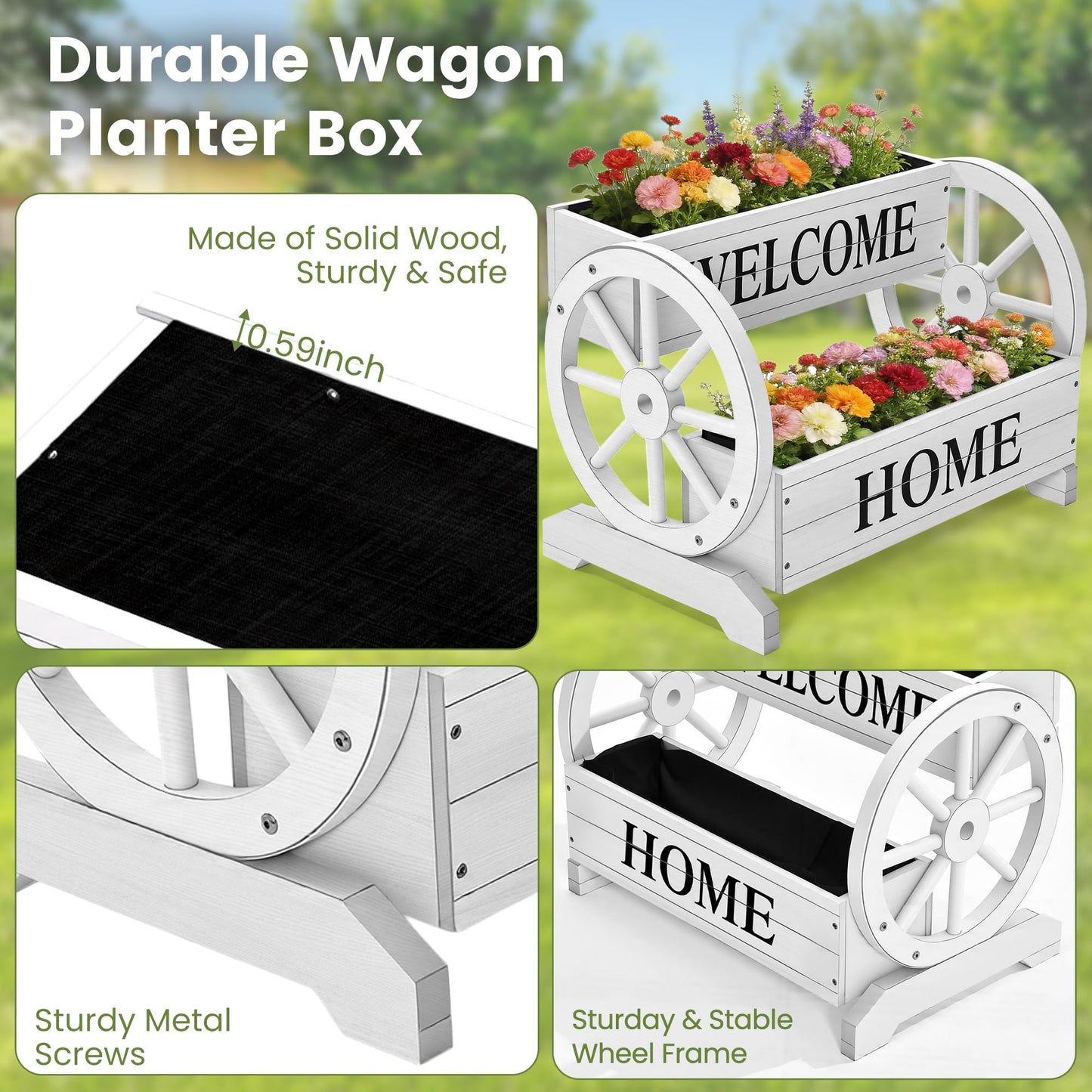 Ultym 2-Tier Wooden Wagon Planter Box, Extra Large Decorative Flower Cart with Wheels, Washed White Rustic Wood Planter with Drainage Holes & Non-Woven Liner, Raised Bed for Flowers Herbs Vegetables