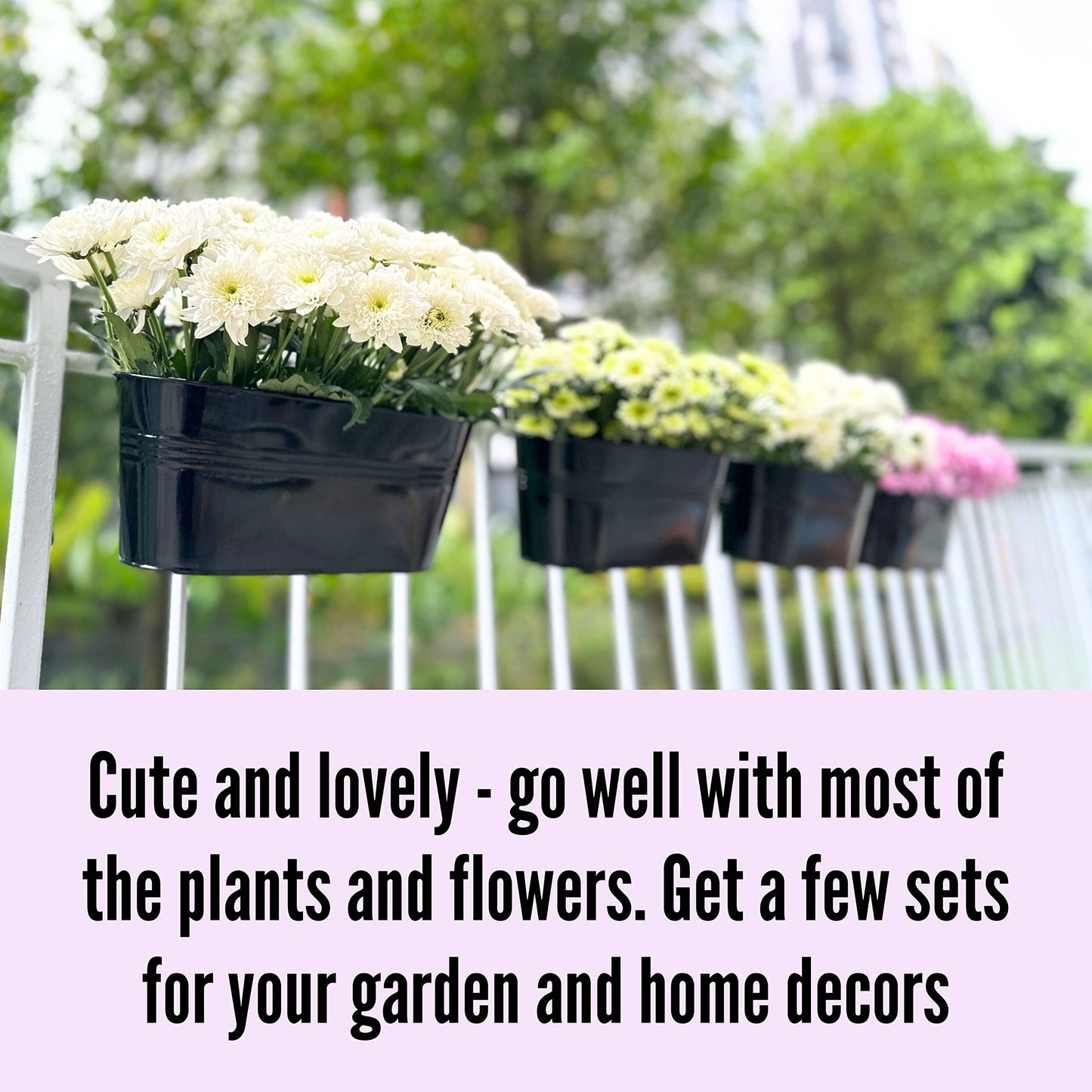 LaLaGreen Rail Planter Outdoor Plants(11.8 Inch, 8 Pack) Black Metal Iron Hanging Flower Pots Deck Railings Fence Buckets Modern Countryside Boho Style Wall Mount Window Box Plant Holder Porch Decor