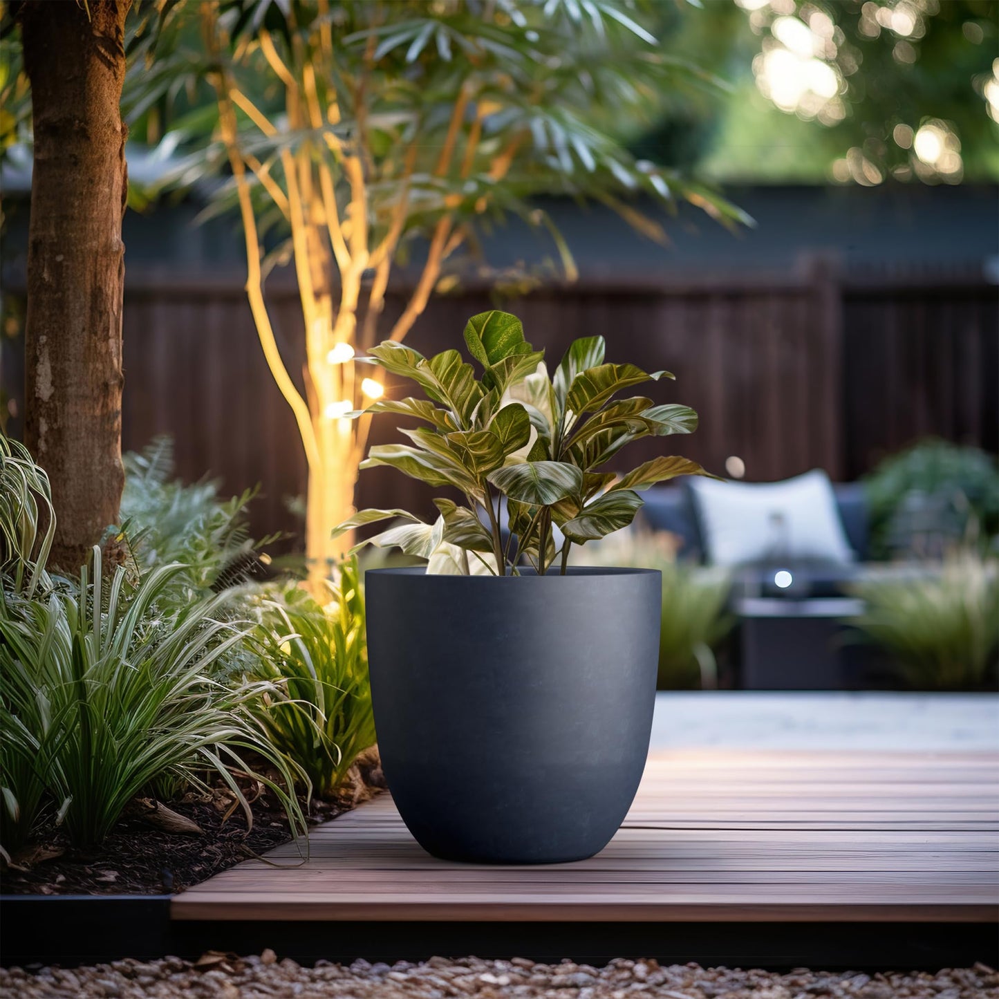 Kante 18 Inch Dia Round Concrete Planter, Indoor Outdoor Large Plant Pot with Drainage Hole and Rubber Plug for Home Patio Garden, Charcoal