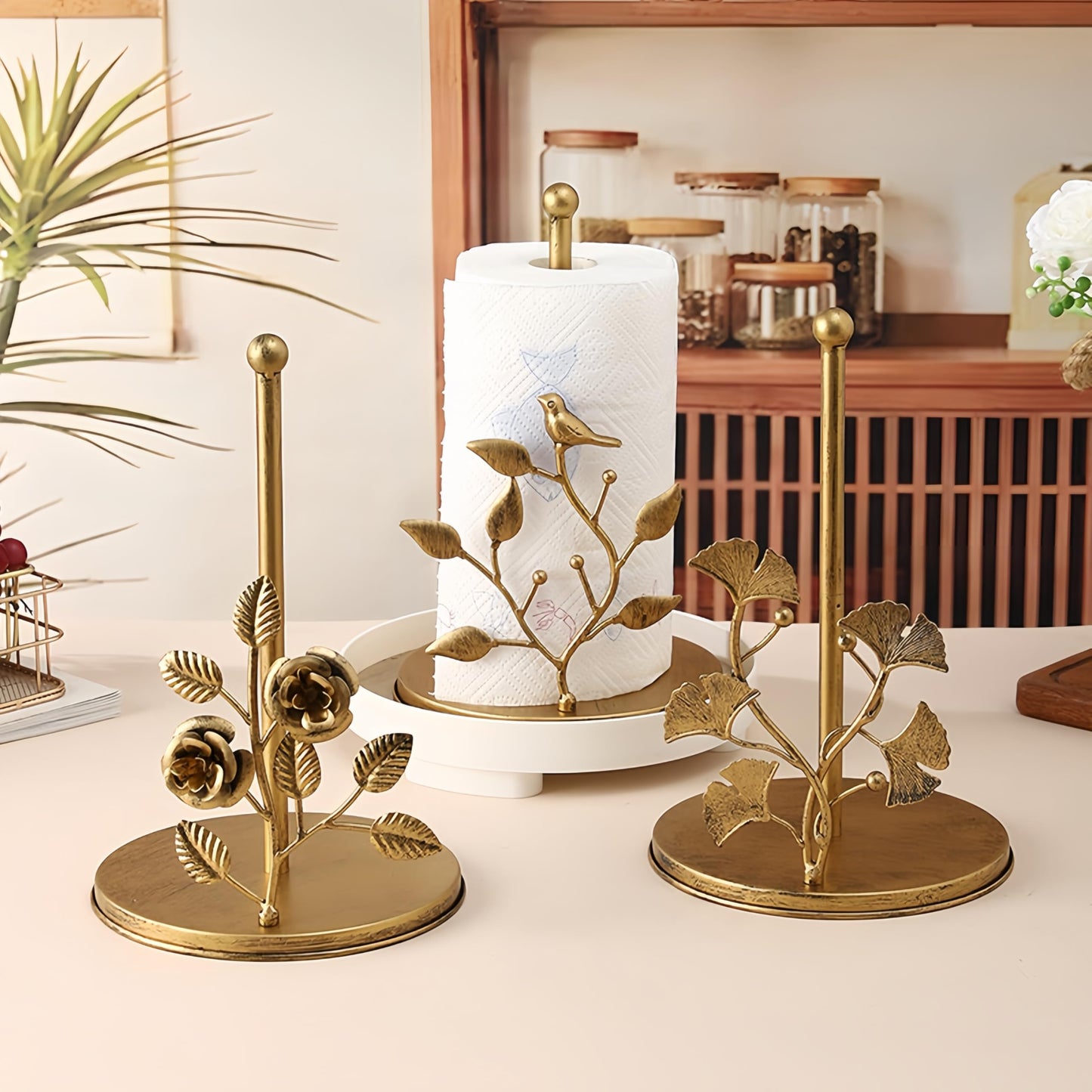 Rose Gold Paper Towel Holder Luxury Metal Kitchen Counter Decor Artistic Design Standing Tissue Dispenser for Table Dining Living Room Bar café 7x11 Inch (Gold Bird)