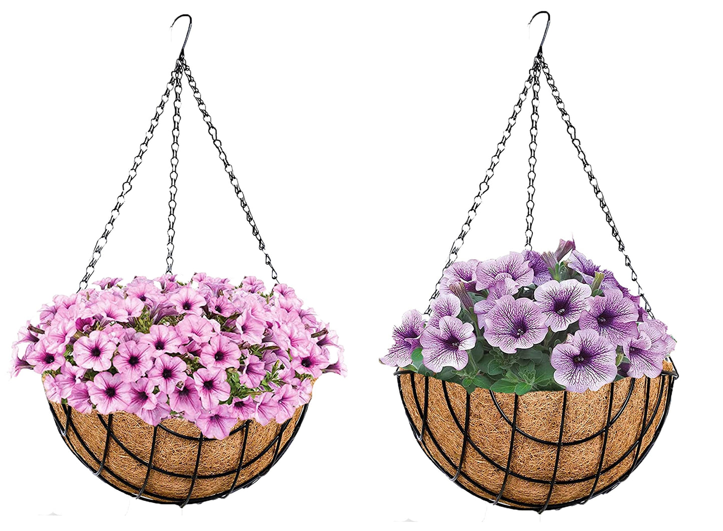 Deepthi 10-Inch Hanging Planter Baskets with Coco Coir Liners – Pack of 2 Metal Wire Flower Pots with Chains – Indoor Outdoor Porch Patio Garden Hanging Decor for Plants, Flowers, Herbs