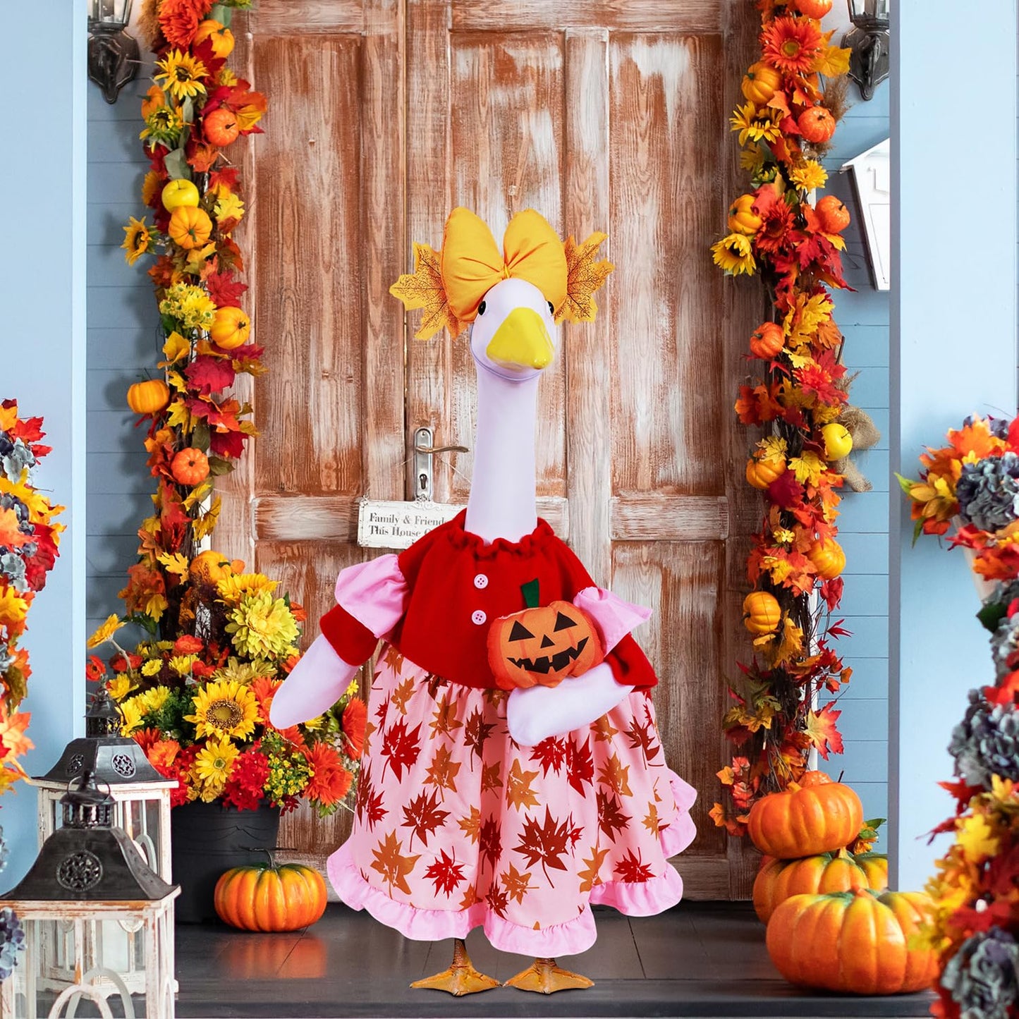 AZYM Fall Porch Goose Outfits,3 Pcs/Set Halloween Pumpkin Maple Leaf Yard Goose Statue Clothes for 23" Statue Patio Lawn Garden Thankgiving Day Decoration