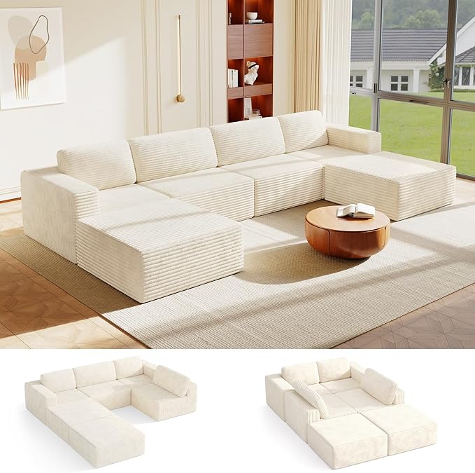 Vesgantti 159" Large Modular Sectional Sofa, U-Shaped Corduroy Cloud Couch